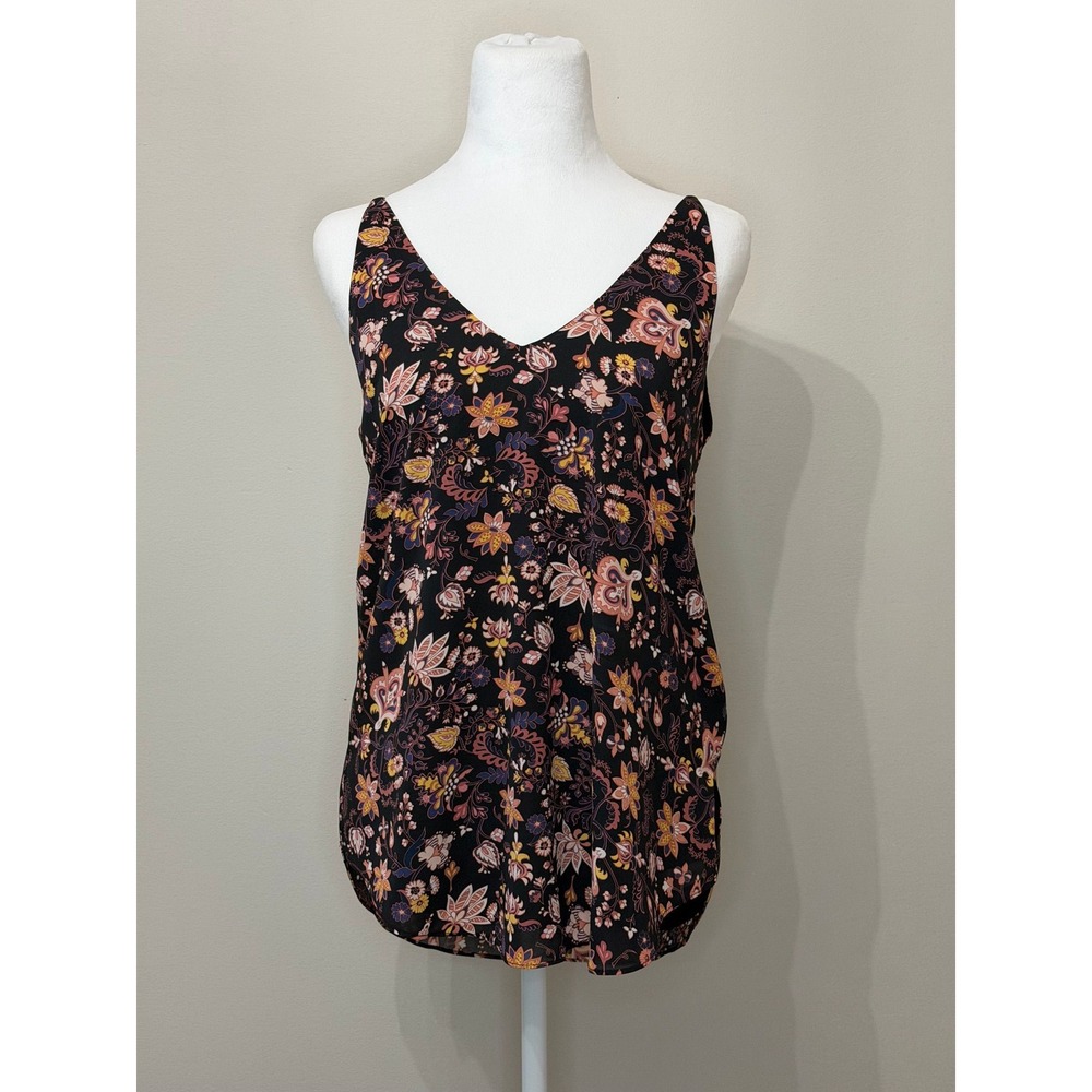 Floral Paisley V-Neck Tank Top Sleeveless Curved Hem Black Multi Color Camisole - Picture 6 of 11